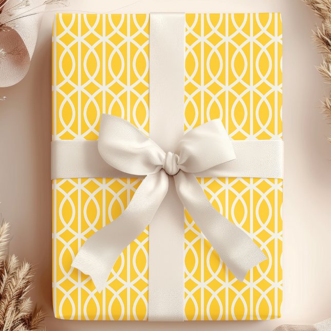 Chic Yellow White Moroccan Trellis Pattern Wrapping Paper (Creator Uploaded)