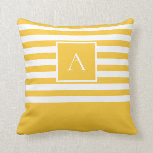Chic Yellow White Stripe Square Letter Monogram Throw Pillow
