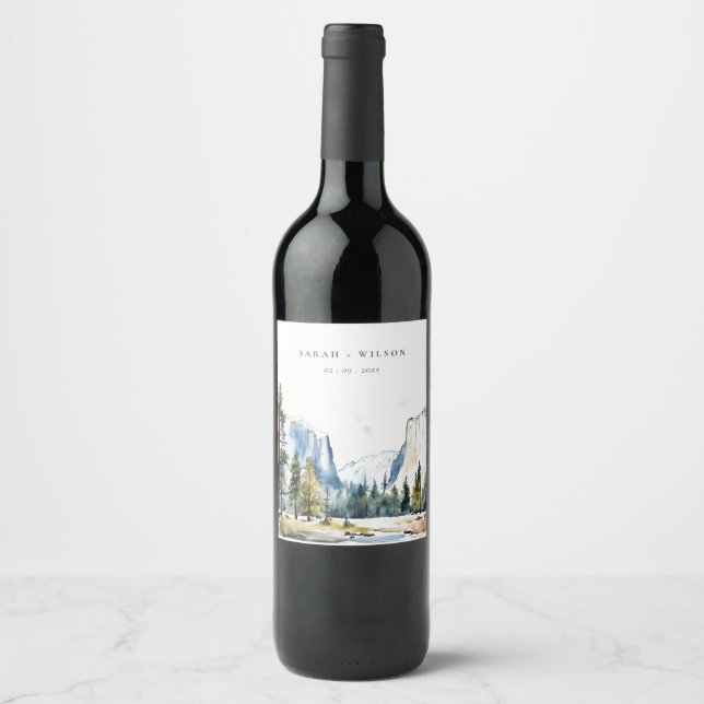 Chic Yosemite National Park CA Watercolor Wedding Wine Label (Front)