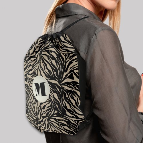 Chic Zebra Animal Print Monogrammed Drawstring Bag