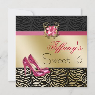 chic zebra gold pink Sweet Sixteen party Invites