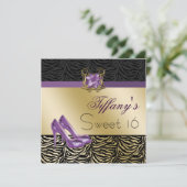 chic zebra gold purple Sweet Sixteen party Invites (Standing Front)