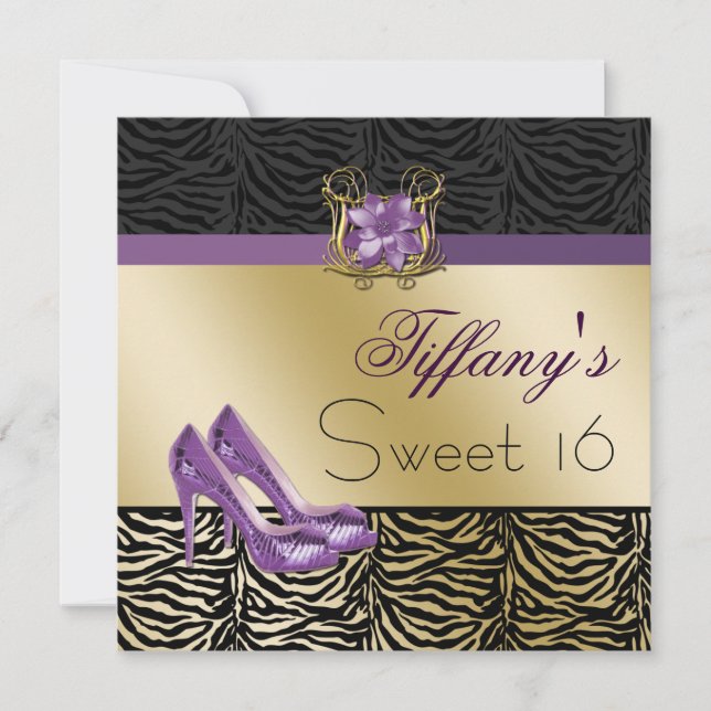 chic zebra gold purple Sweet Sixteen party Invites (Front)