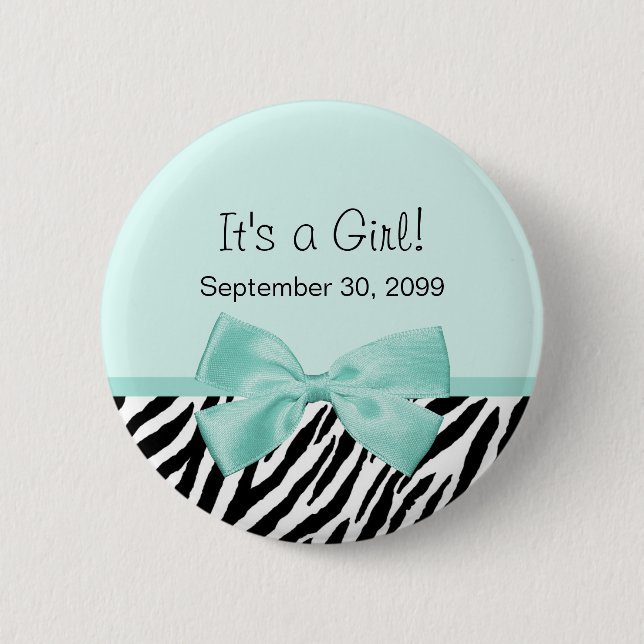 Chic Zebra Mint Ribbon Girly Birth Announcement Pinback Button (Front)