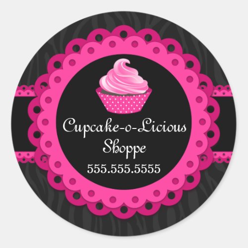 Chic Zebra Pink Lace Cupcake Bakery Box Seals