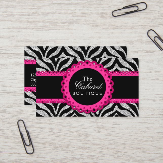 Chic Zebra Pink Lace Fashion Jewelry Boutique Business Card (Front/Back In Situ)
