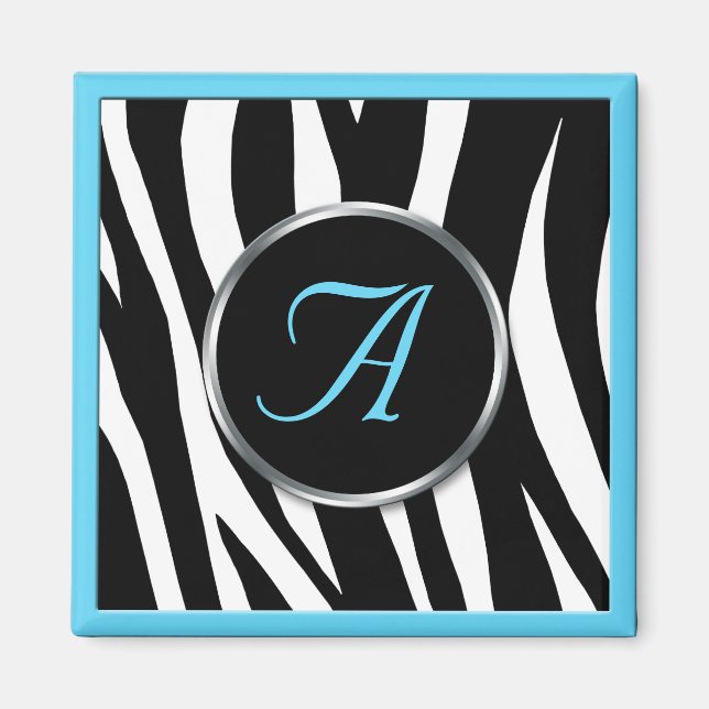 Chic Zebra Print Aqua Blue Monogram Magnet (Front)