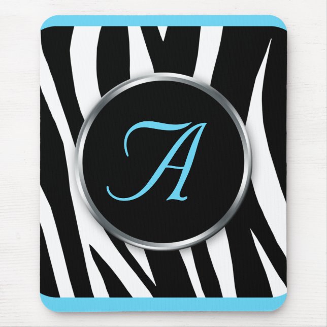Chic Zebra Print Aqua Blue Monogram mousepad (Front)
