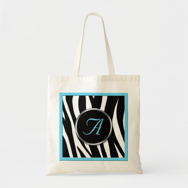 Chic Zebra Print Aqua Blue Monogram Tote Bag (Front)