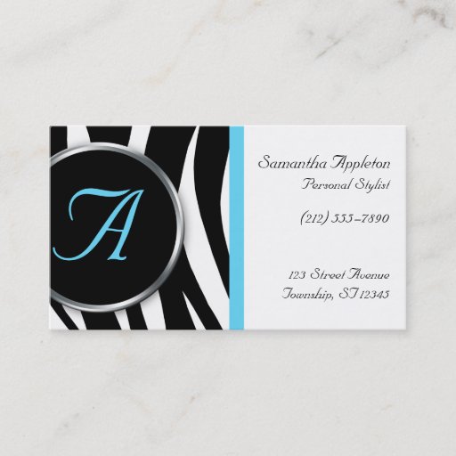 Customizable Chic Zebra Print Aqua Monogram Business Cards
