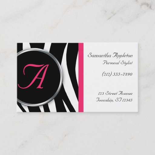 Customizable Chic Zebra Print Berry Monogram Business Cards