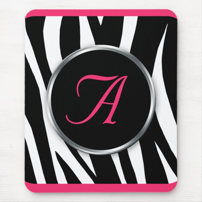 Chic Zebra Print Berry Pink Monogram mousepad (Front)