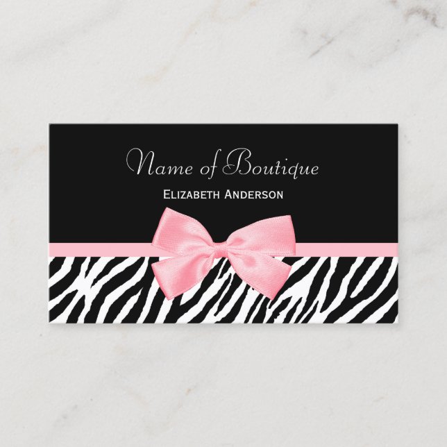 Chic Zebra Print Boutique Light True Pink Ribbon Business Card (Front)