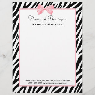 Chic Zebra Print Boutique Light True Pink Ribbon Letterhead