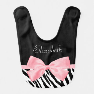 Chic Zebra Print Girly Light Pink Ribbon Baby Name Bib