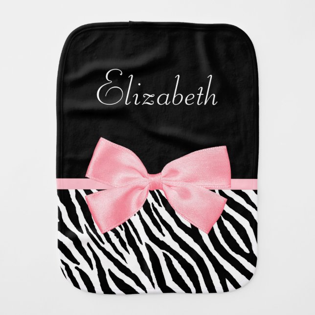 Chic Zebra Print Girly Light Pink Ribbon Baby Name Burp Cloth (Front)