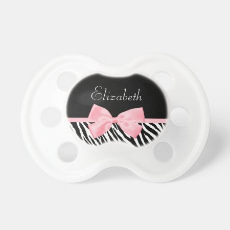 Chic Zebra Print Girly Light Pink Ribbon Baby Name Pacifier