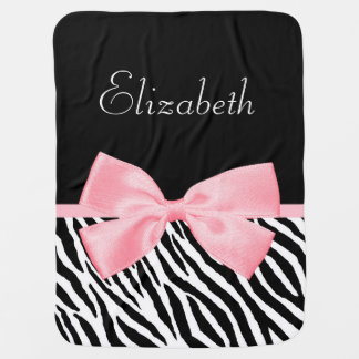 Chic Zebra Print Girly Light Pink Ribbon Baby Name Swaddle Blanket