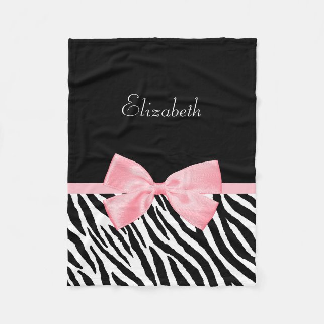 Chic Zebra Print Girly Light Pink Ribbon With Name Fleece Blanket (Front)
