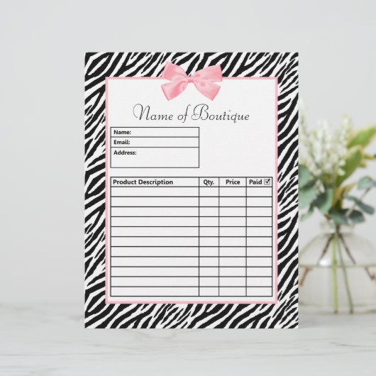 Chic Zebra Print Light True Pink Ribbon Order Form (Standing Front)