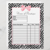 Chic Zebra Print Light True Pink Ribbon Order Form (Front/Back)