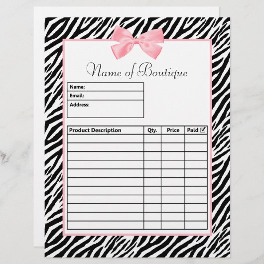 Chic Zebra Print Light True Pink Ribbon Order Form (Front/Back)