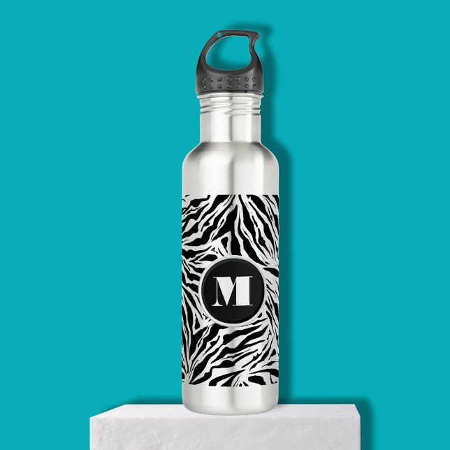 Chic Zebra Print Monogram Stainless Steel Water Bottle (Chic zebra print monogram on a stainless steel water bottle)