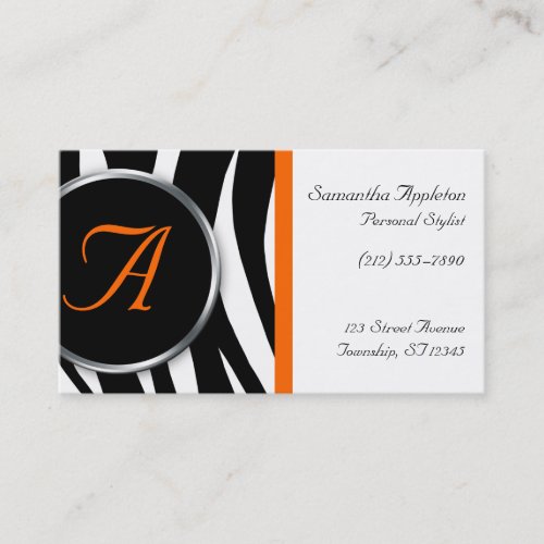 Chic Zebra Print Orange Monogram Business Cards