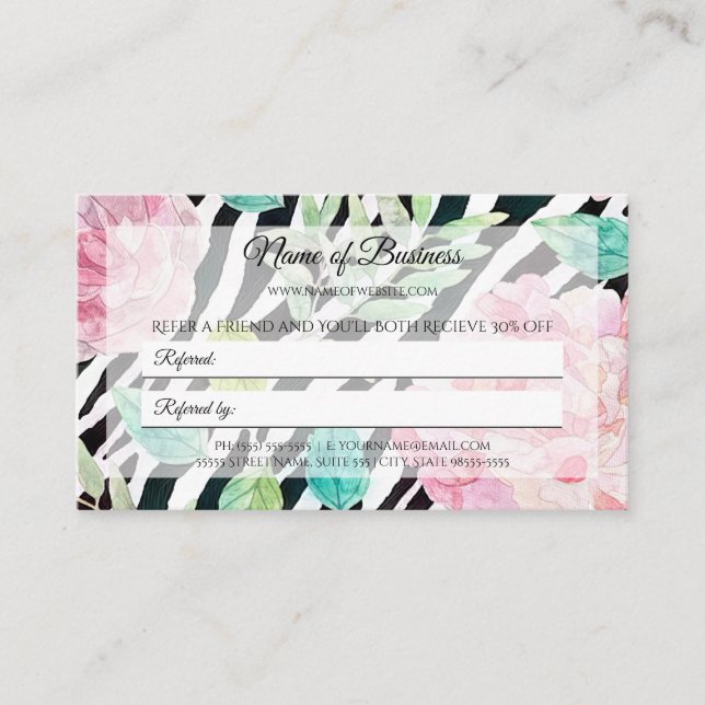 Chic Zebra Print Pink Floral Friend Referral (Front)