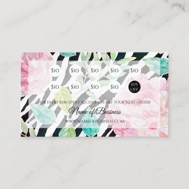 Chic Zebra Print Pink Floral Loyalty Rewards (Front)