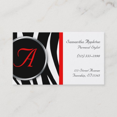 Chic Zebra Print Red Monogram Business Cards