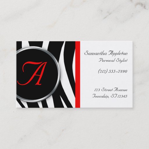 Customizable Chic Zebra Print Red Monogram Business Cards