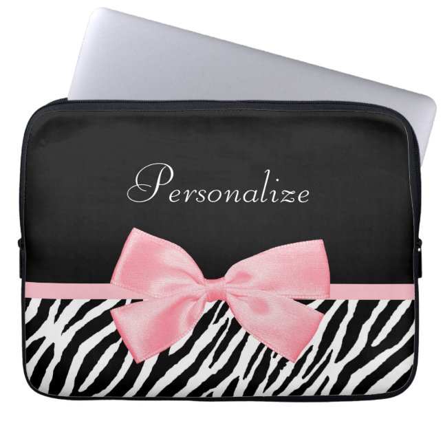 Chic Zebra Print Soft Girly Light Pink Ribbon Laptop Sleeve (Front)