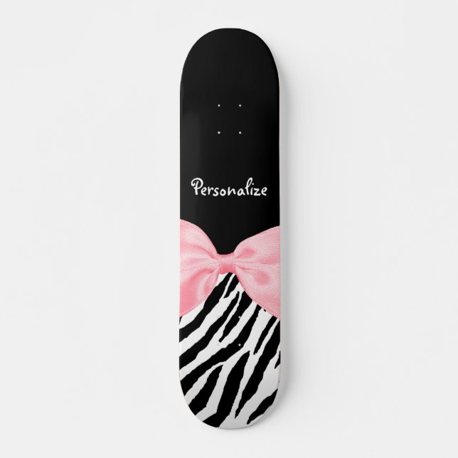 Chic Zebra Print Soft Girly Light Pink Ribbon Skateboard Deck (Front)