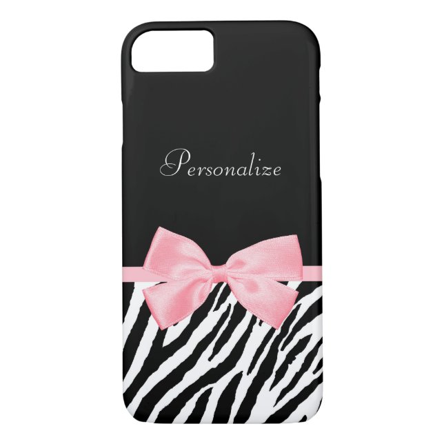 Chic Zebra Print Soft Girly Pink Ribbon With Name Case-Mate iPhone Case (Back)