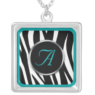 Chic Zebra Print Teal Monogram necklace