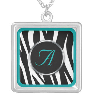 Chic Zebra Print Teal Monogram necklace