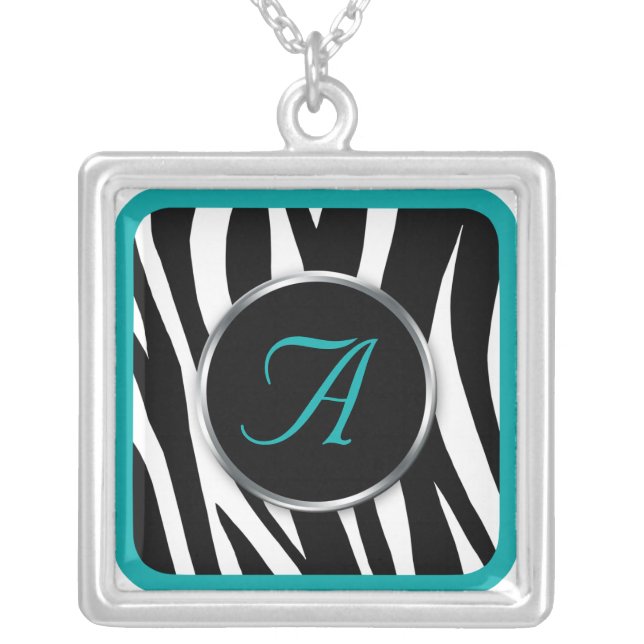 Chic Zebra Print Teal Monogram necklace (Front)