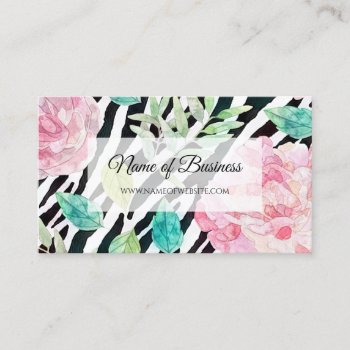 Chic Zebra Print With Girly Pink Floral Business Card by GirlyBusinessCards at Zazzle