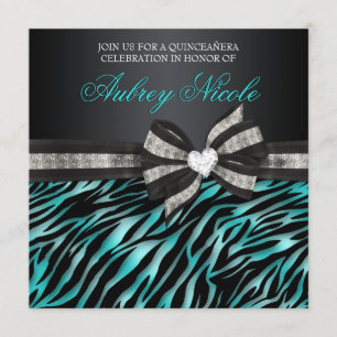 Chic Zebra Quinceañera Invite With Jeweled Bow