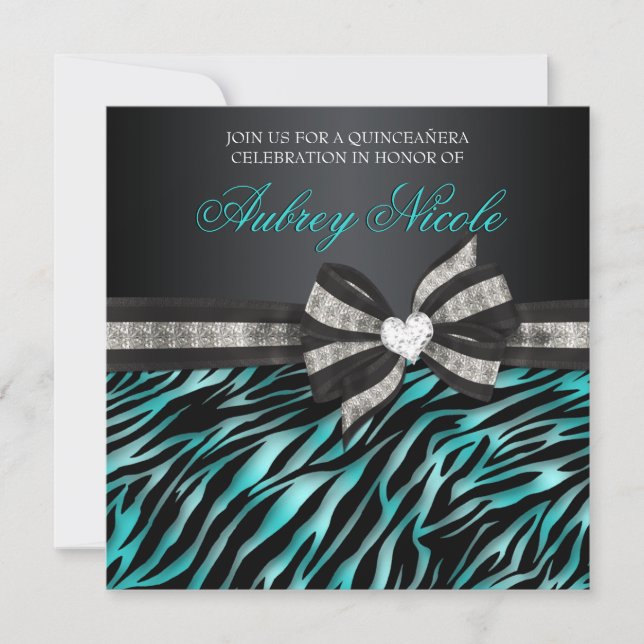 Chic Zebra Quinceañera Invite With Jeweled Bow (Front)