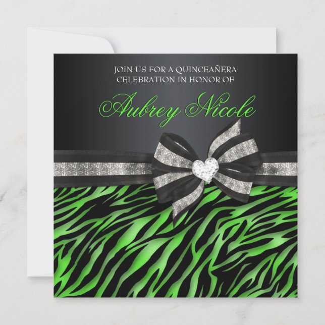 Chic Zebra Quinceañera Invite With Jeweled Bow (Front)
