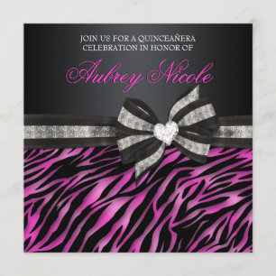 Chic Zebra Quinceañera Invite With Jeweled Bow