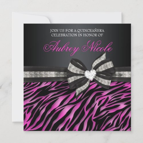 Chic Zebra Quinceañera Invite With Jeweled Bow
