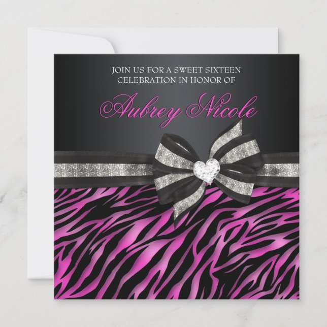 Chic Zebra Sweet Sixteen Invite With Jeweled Bow (Front)