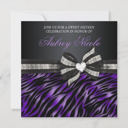 Chic Zebra Sweet Sixteen Invite With Jeweled Bow