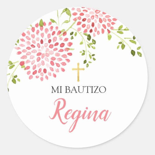 Chica de bautismo Flores rosadas Pegatina redondo Classic Round Sticker