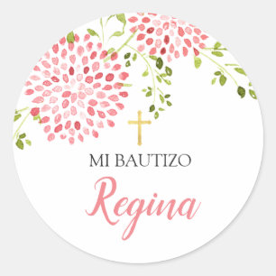 Chica de bautismo Flores rosadas Pegatina redondo Classic Round Sticker