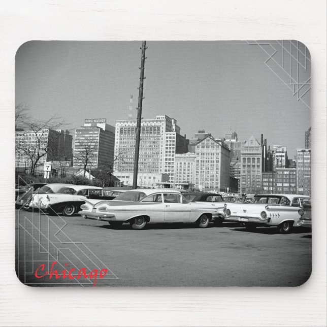 Chicago 1964 Skyline and Beautiful Tailfin Cars Mouse Pad (Front)
