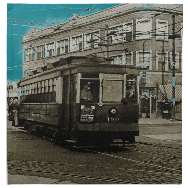 CHICAGO 63RD AND WESTERN 1952 TROLLEY ART SEPIA CLOTH NAPKIN (Front)
